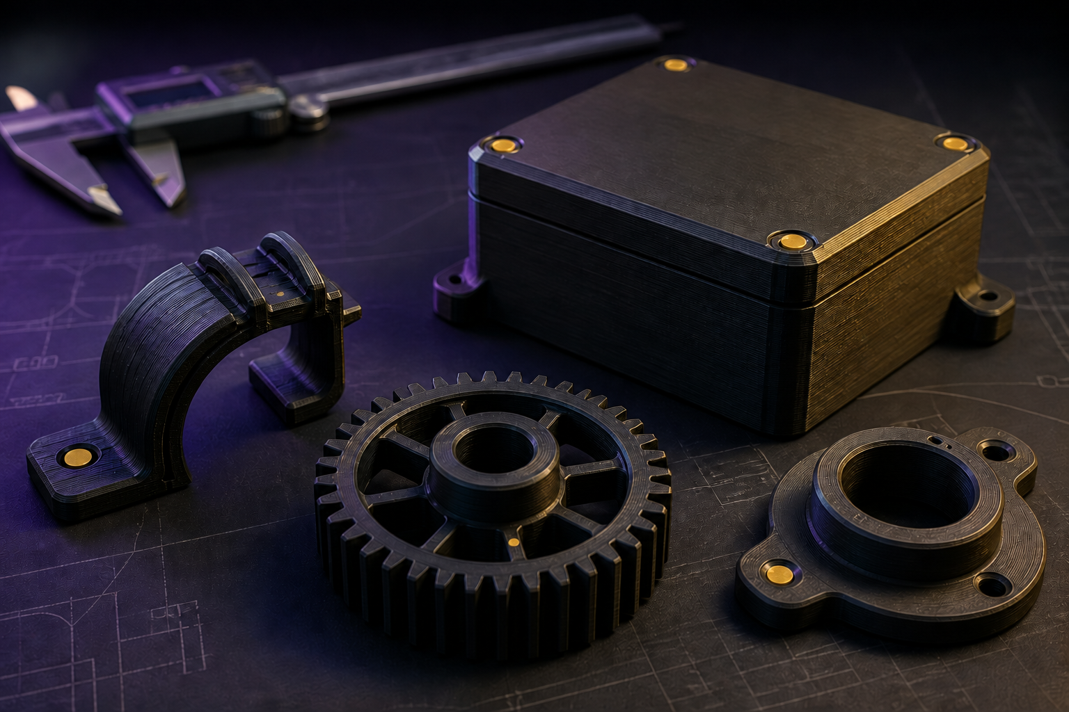 Voorbeelden van technische 3D-prints: tandwiel, houder, behuizing en adapter
